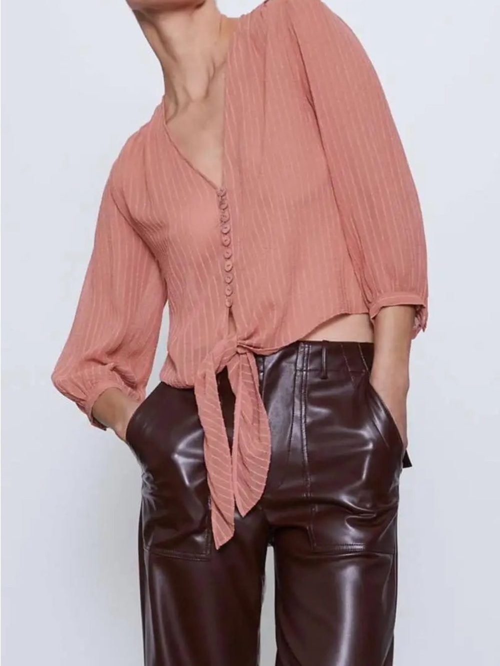 Zara Dusty Rose Pinstripe Tie-Front V-Neck Blouse